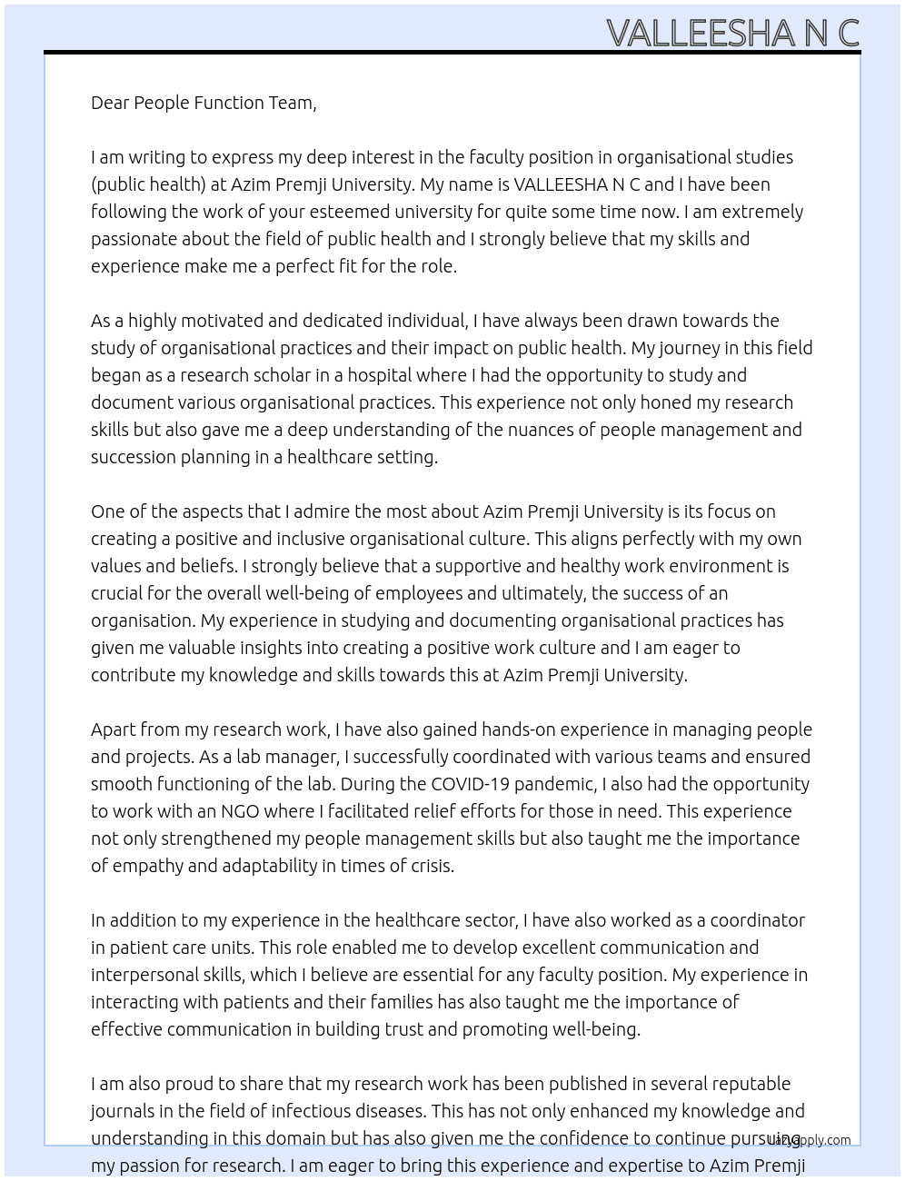 faculty position in organisational studies (public health) At Azim Premji University Cover Letter