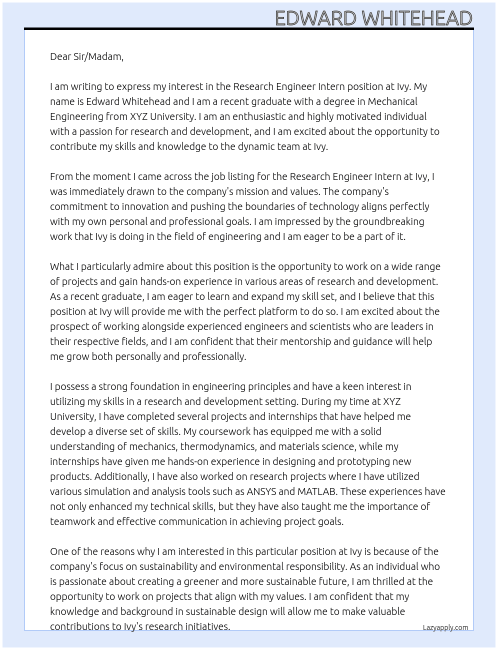 Research Engineer Intern At Ivy Cover Letter