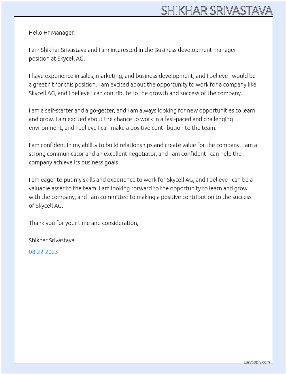 Business development manager  At Skycell AG Cover Letter