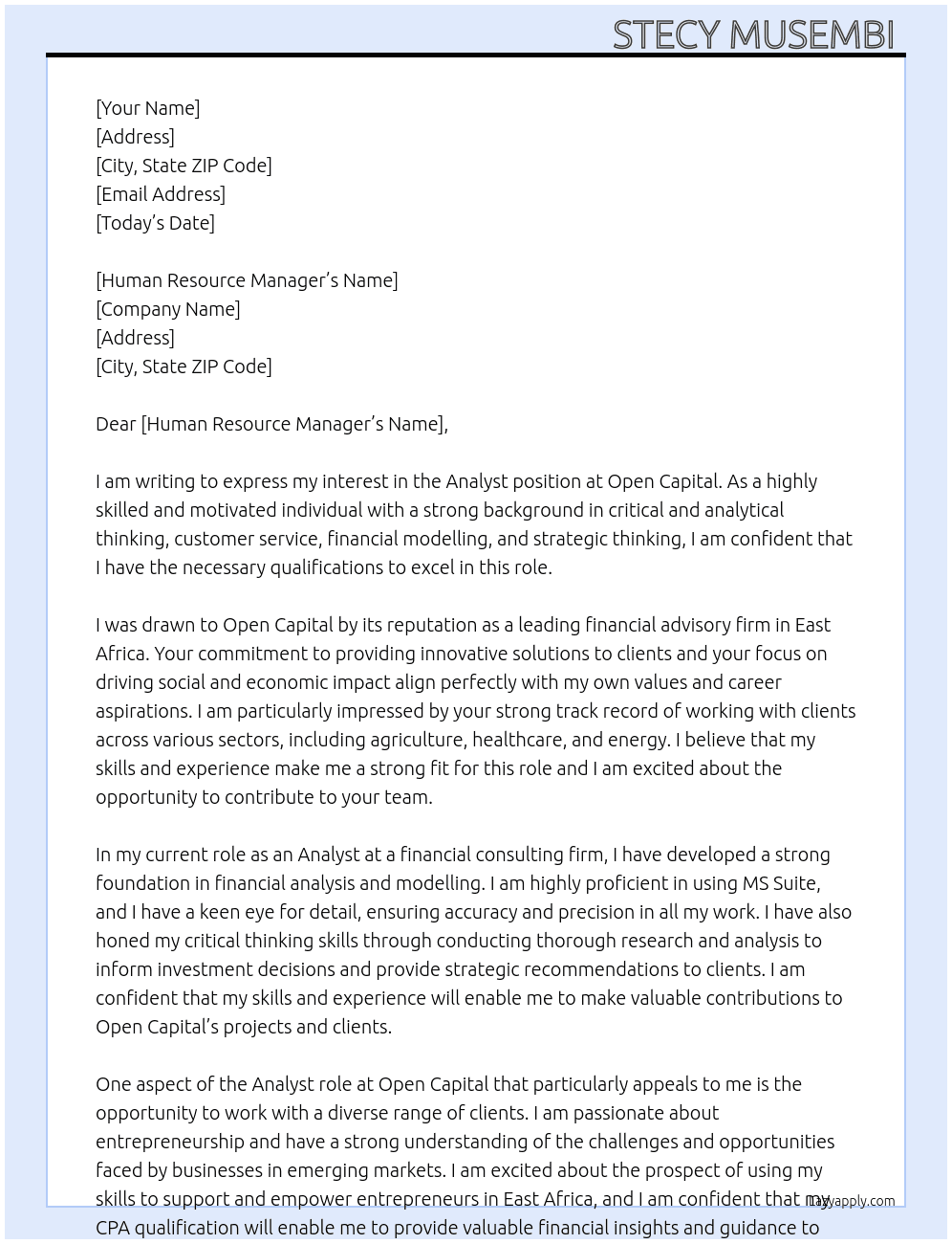 Analyst At Open Capital Cover Letter