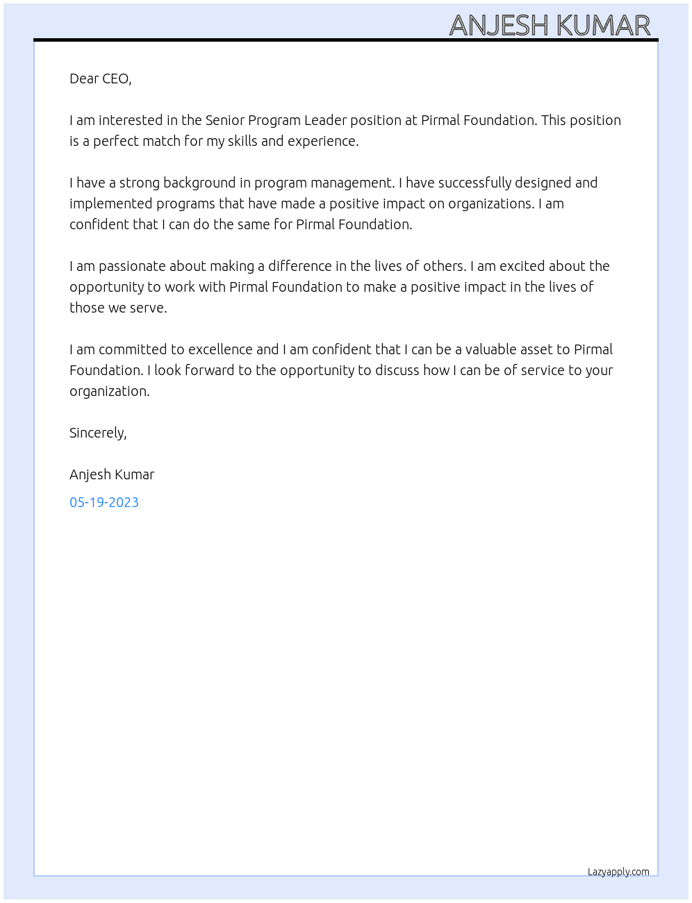 SENIORE PROGARM LEEADER At PIRMAL FOUNDATION Cover Letter