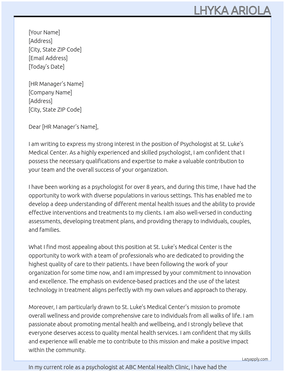 Psychologist  At St. Lukes, Medical Center Cover Letter