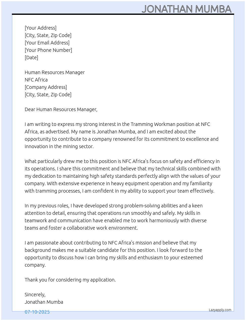 Tramming workman  At NFC Africa  Cover Letter