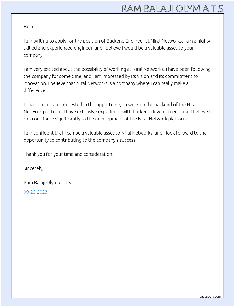Backend Engineer At Niral networks Cover Letter