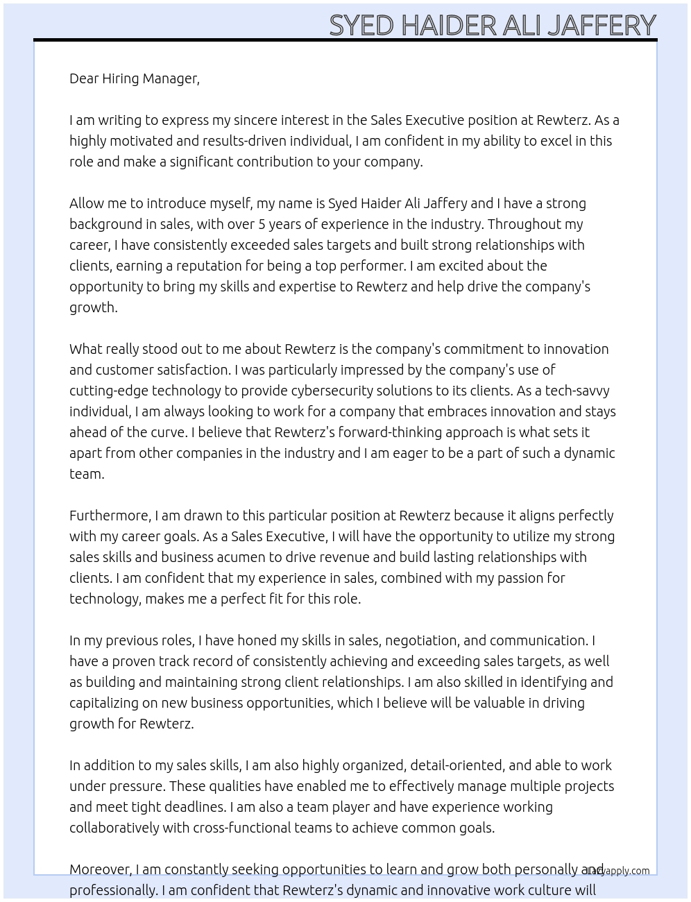 Salels Executive  At Rewterz Cover Letter
