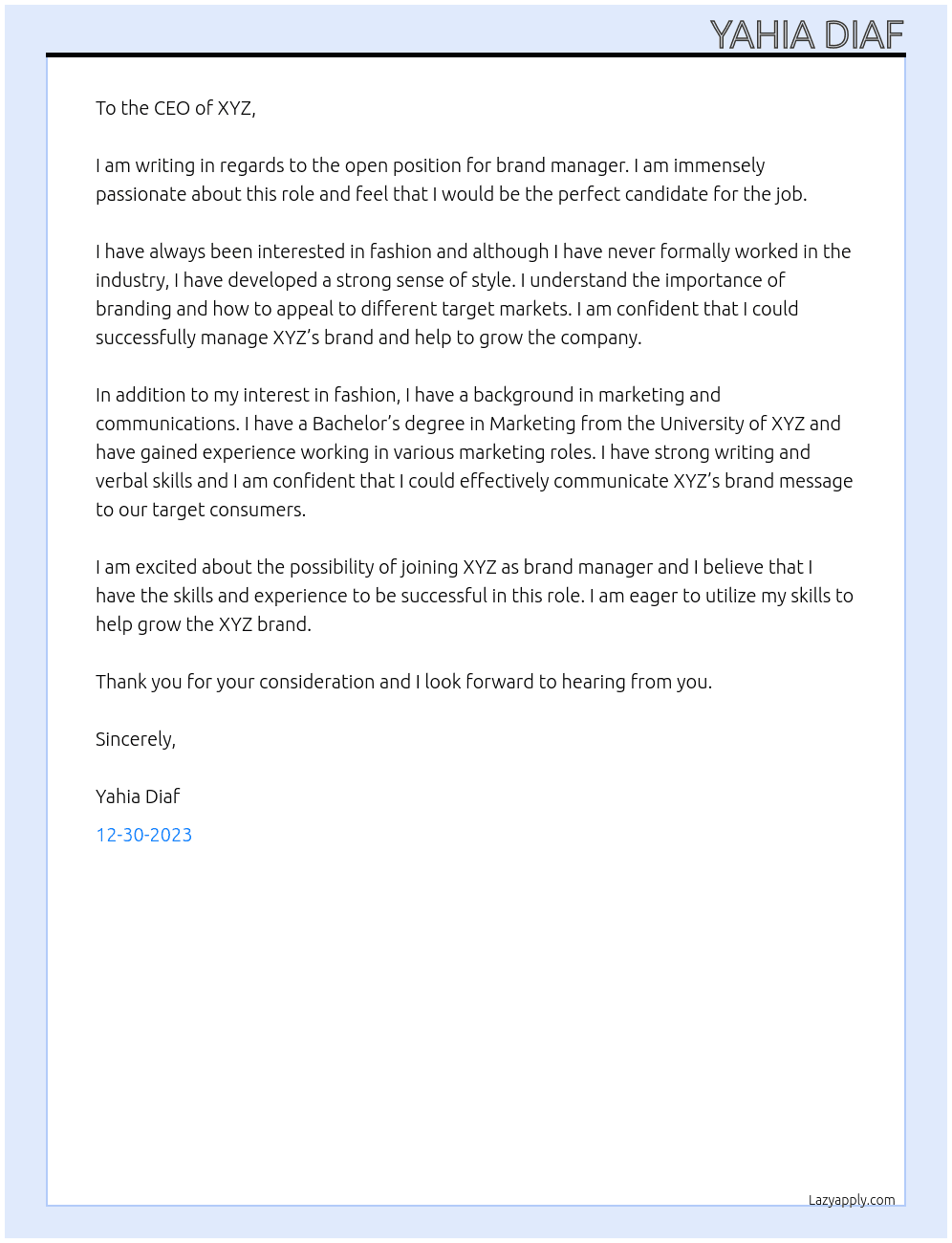 Brand manager At XYZ Cover Letter