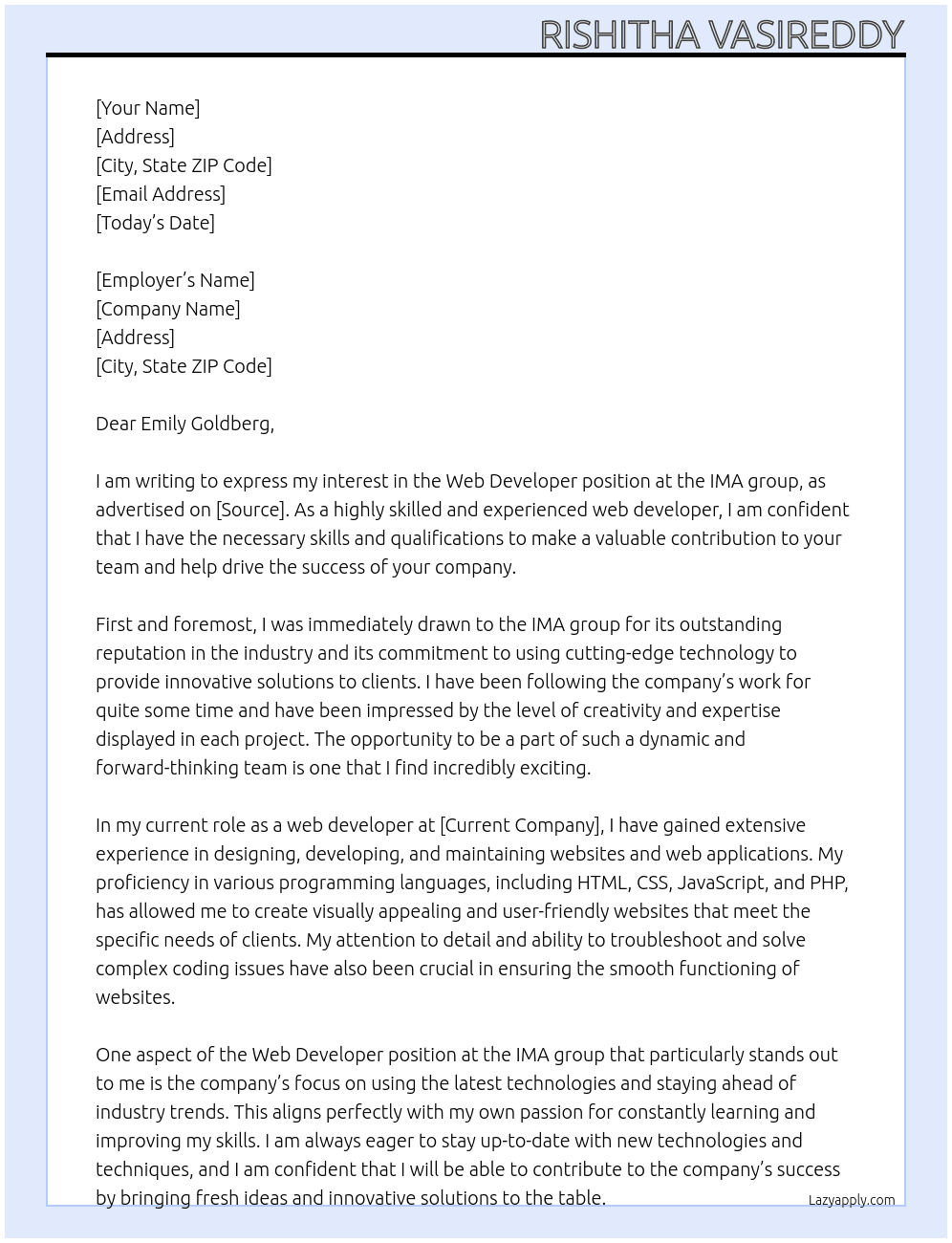 Web developer At the IMA group Cover Letter