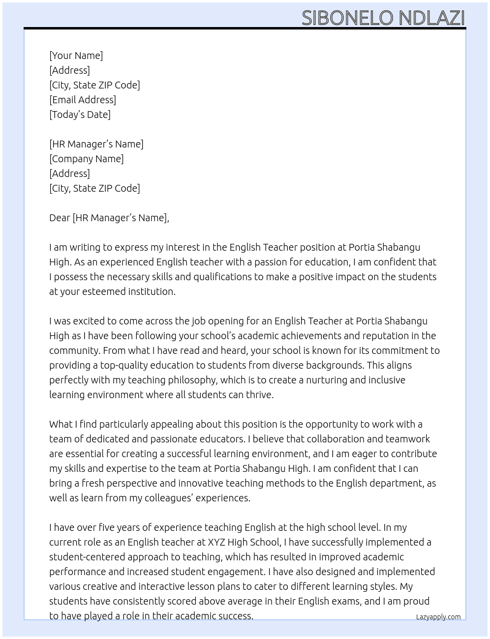 english teacher At Portia Shabangu High Cover Letter