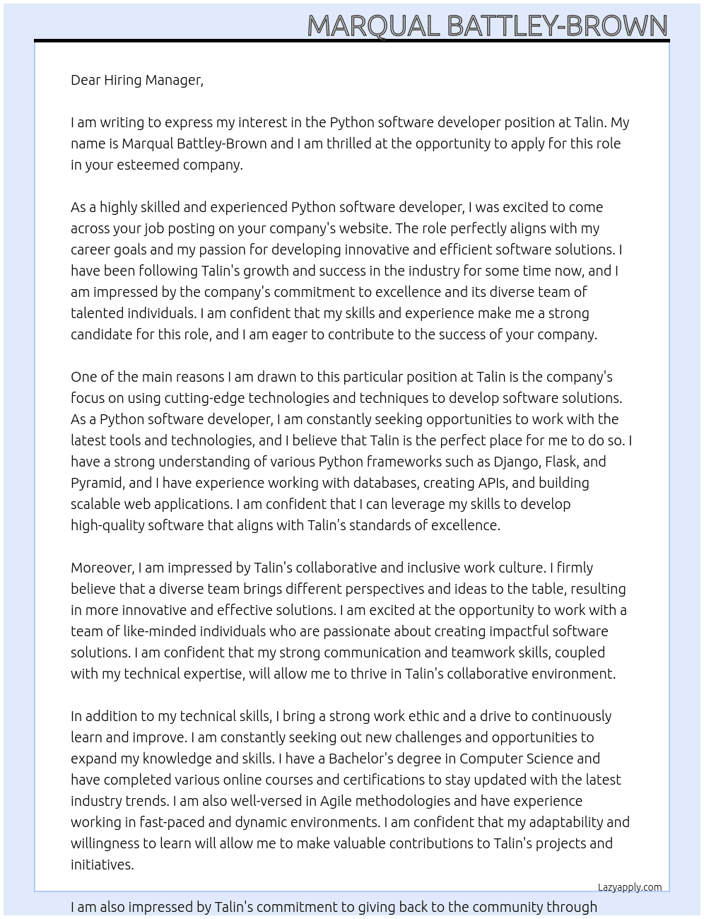 Python software developer At Talin Cover Letter
