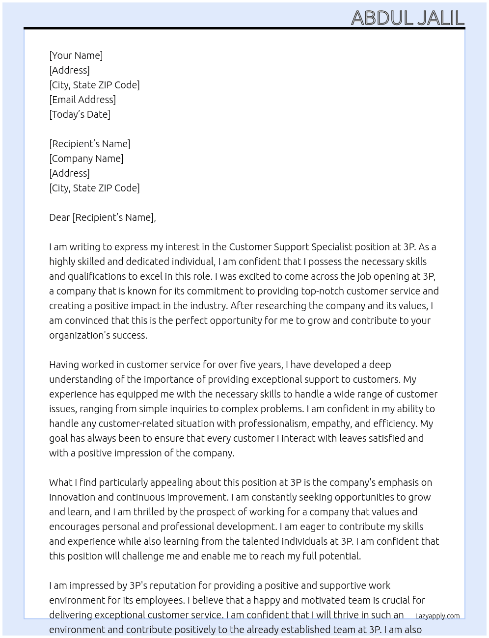 Customer Support Specialist At 3P Cover Letter