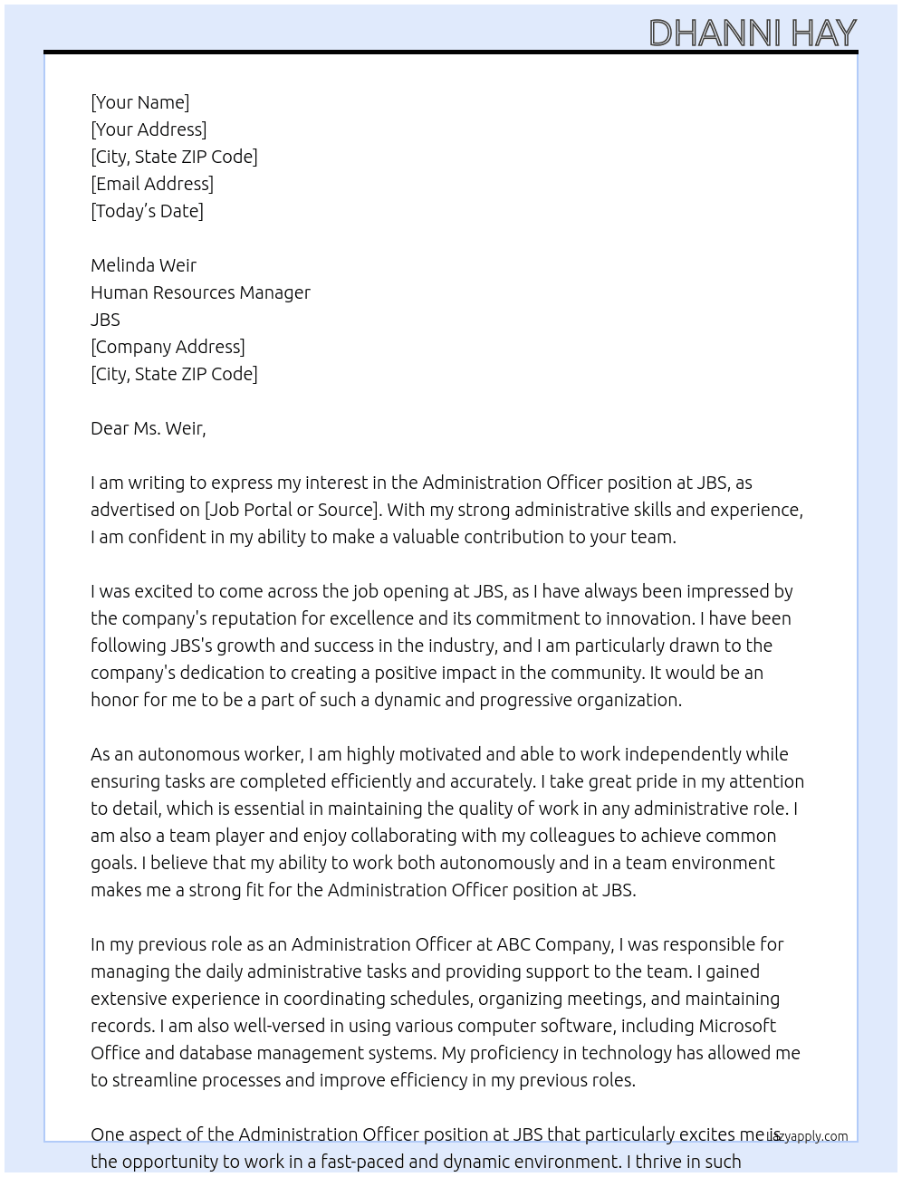 Administration Officer At JBS Cover Letter