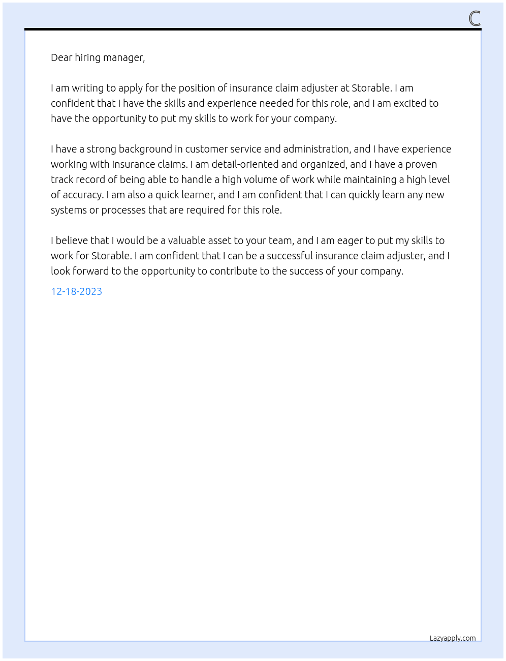 Cover letter for insurance claim adjuster - LazyApply