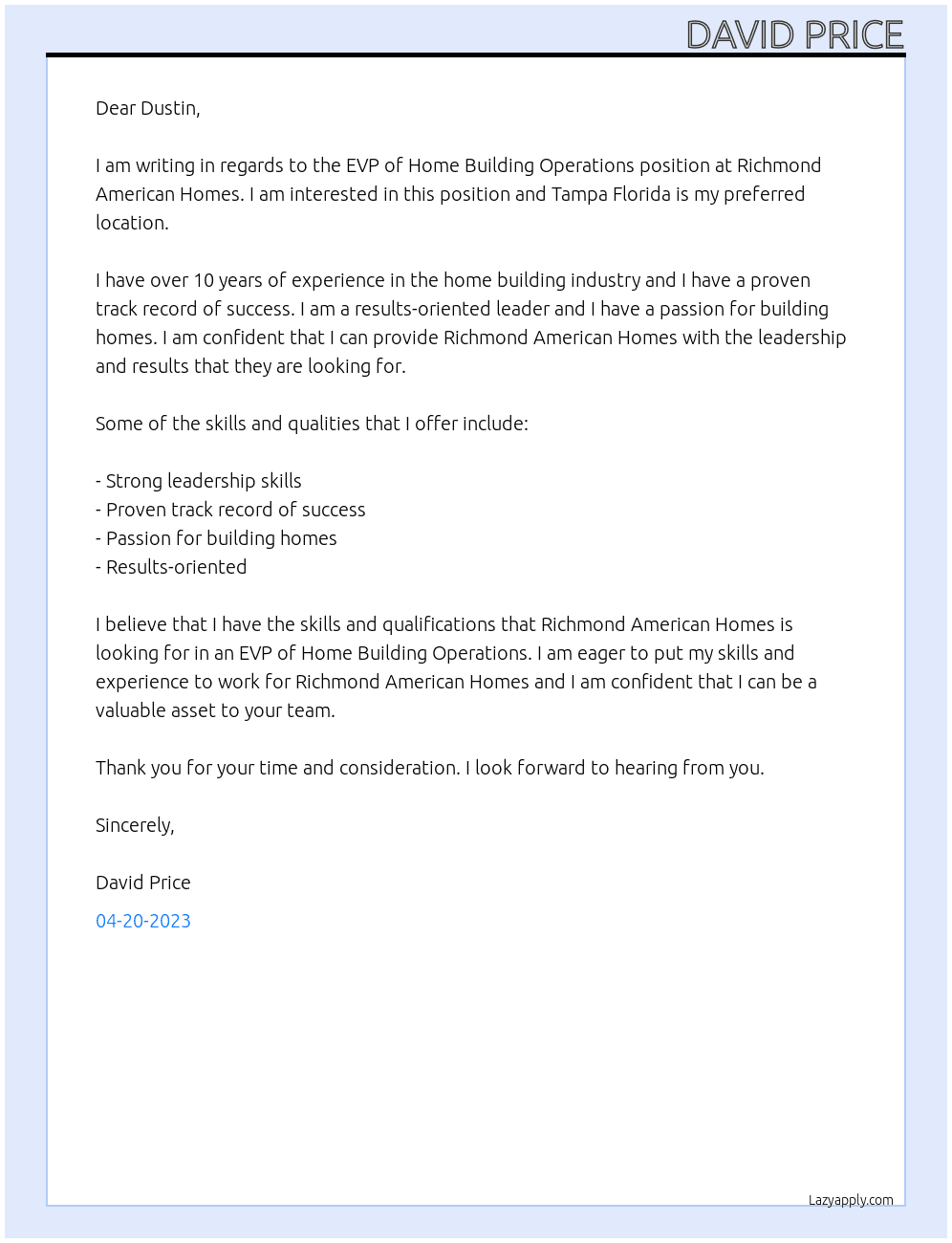 EVP of Home Building Operations At Richmond American Homes Cover Letter