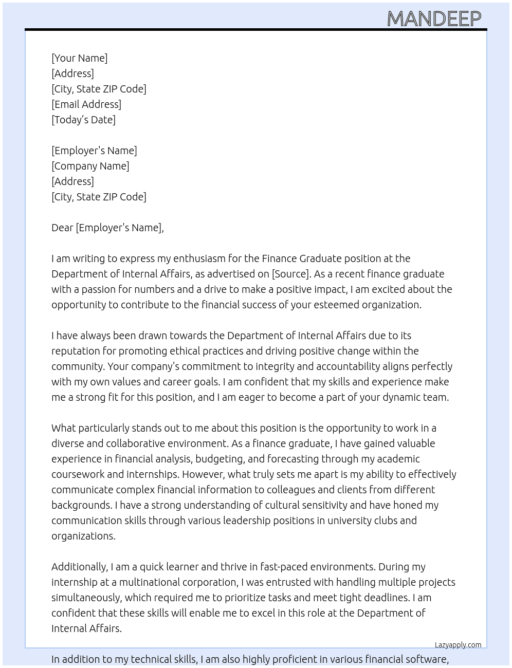 Finance graduate  At Department of Internal Affairs  Cover Letter
