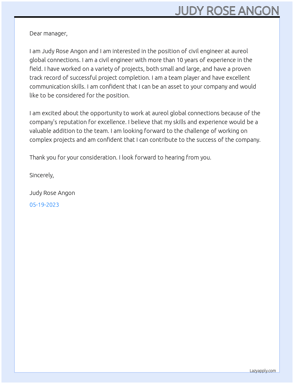 civil engineer At aureol global connections Cover Letter