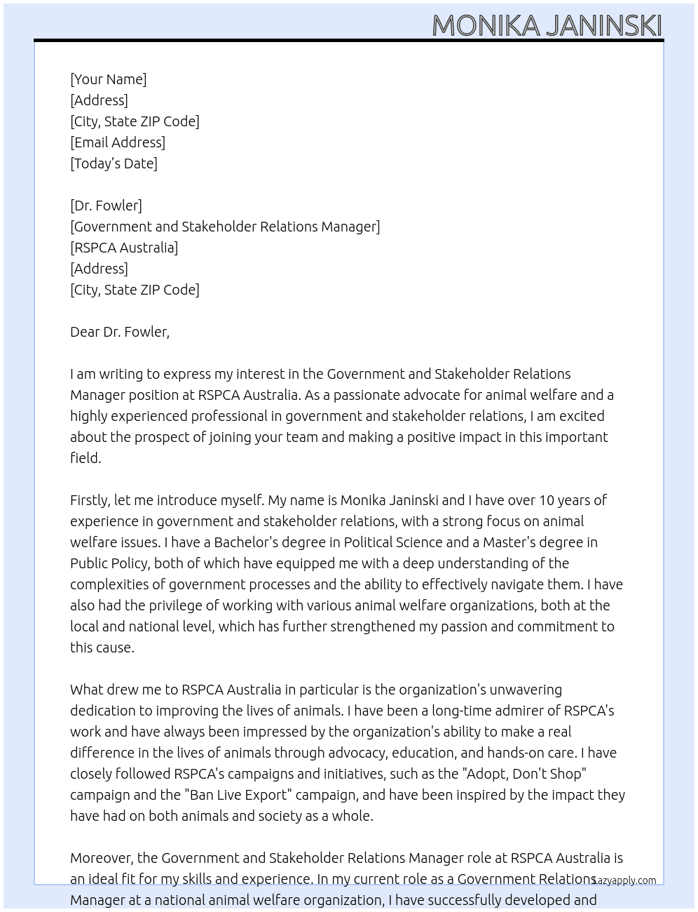 Government and Stakeholder Relations Manager At RSPCA Australia Cover Letter