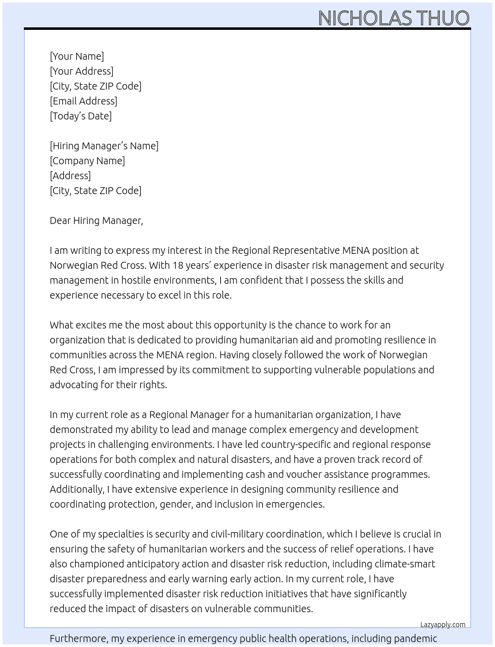 Regional Representative MENA At Norwegian Red Cross Cover Letter