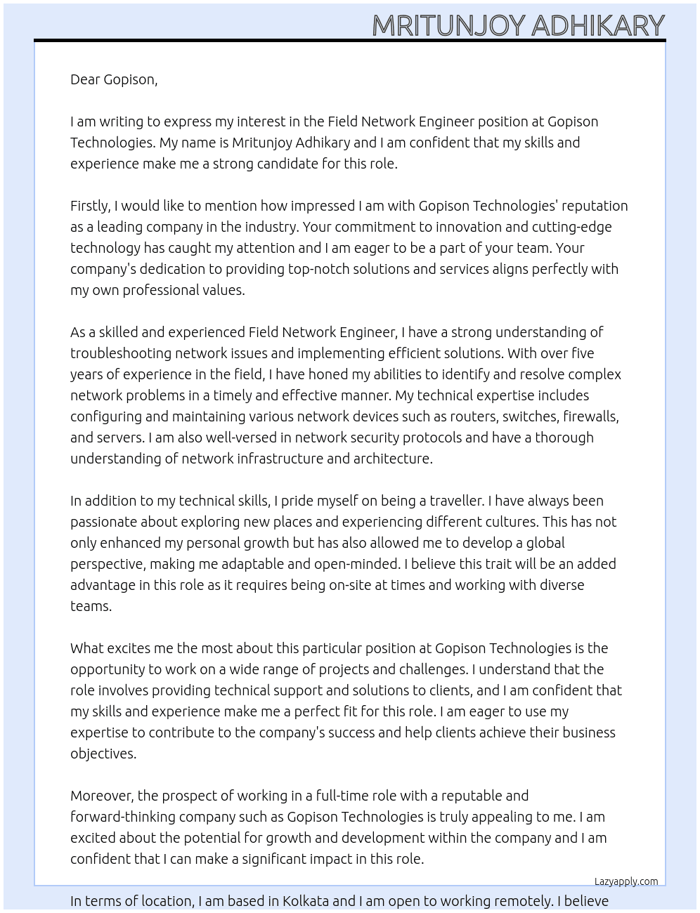 Field Network Engineer At gopisontechnologies Cover Letter