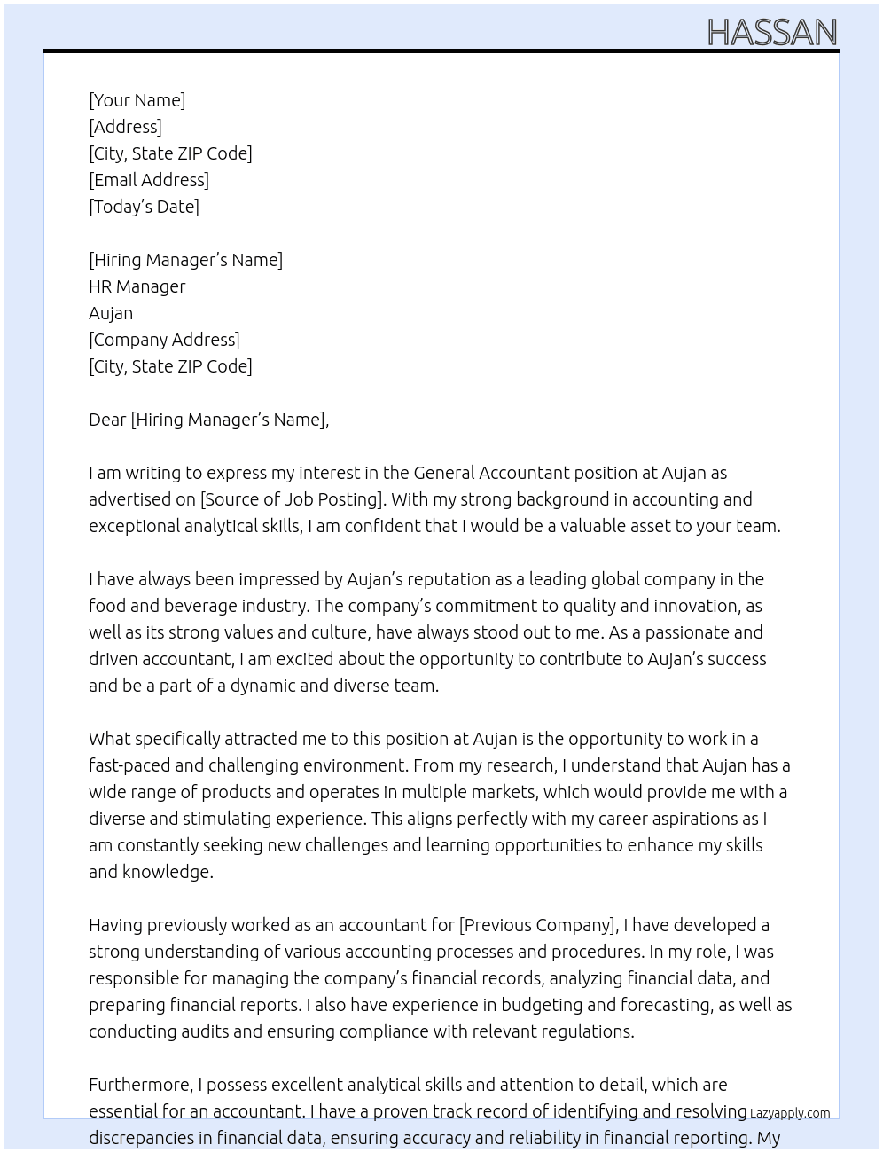 General accountant  At Aujan Cover Letter