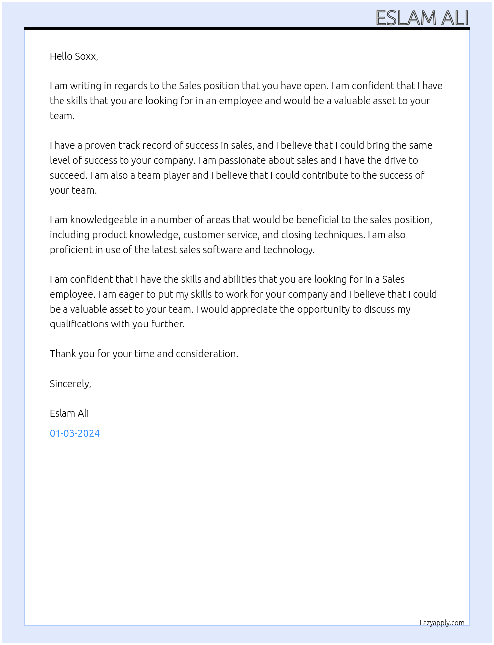 Sales At Soxx Cover Letter