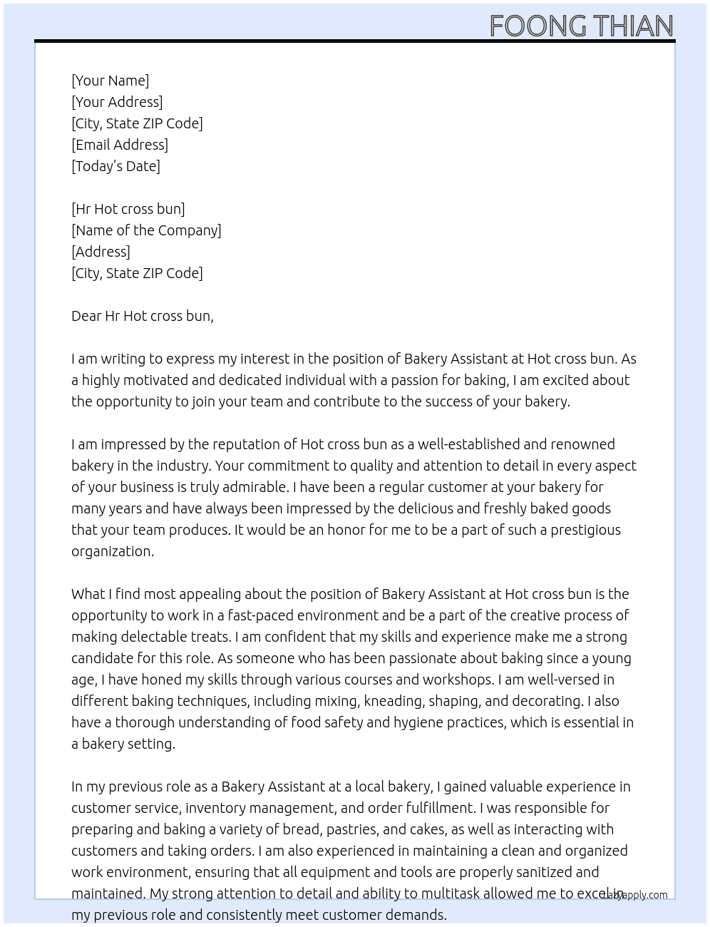 bakery assistant At hot cross bun Cover Letter
