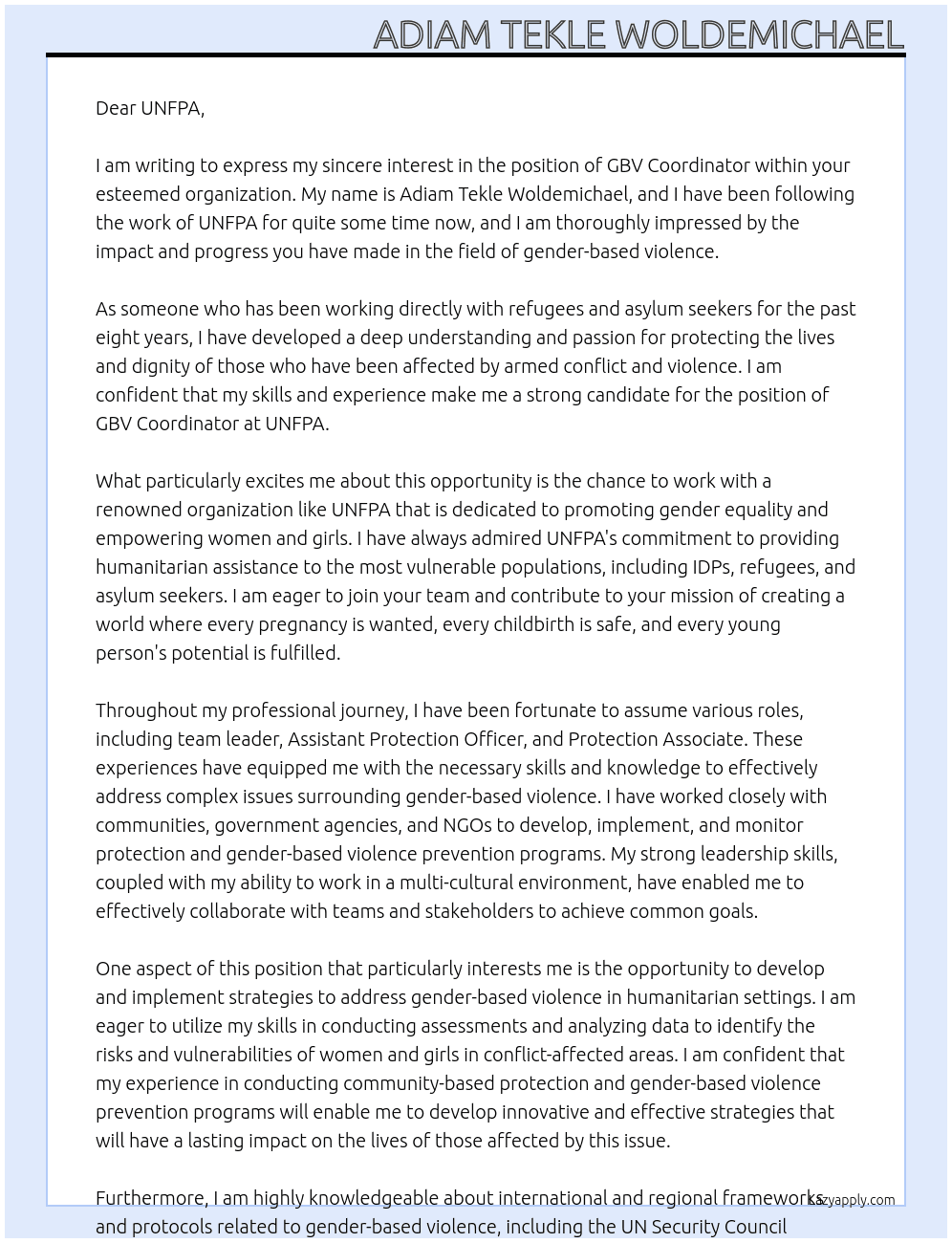 GBV coordniator  At ADIAM TEKLE WOLDEMICHAEL Cover Letter
