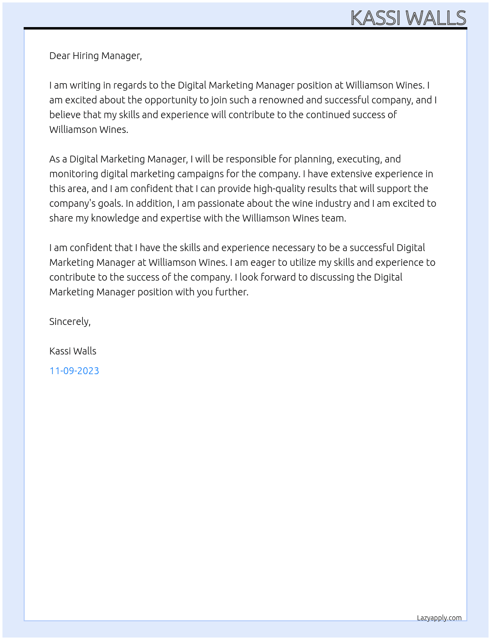 Digital Marketing Manager At Williamson Wines Cover Letter