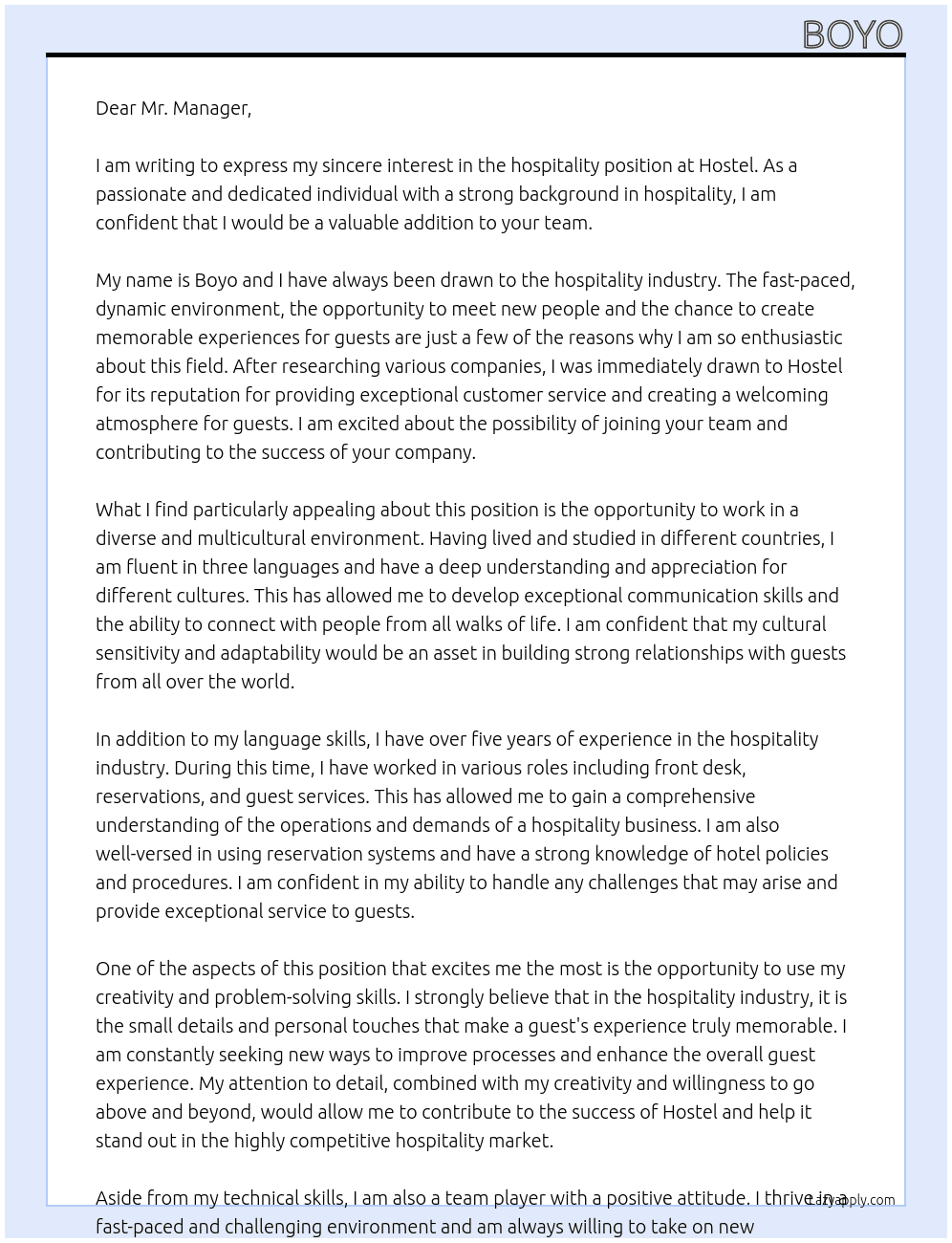 hospitality At hostel  Cover Letter