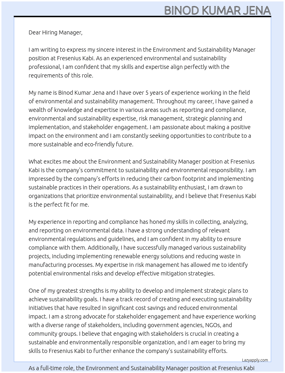 Environment and Sustainability Manager At Fresenius Kabi Cover Letter