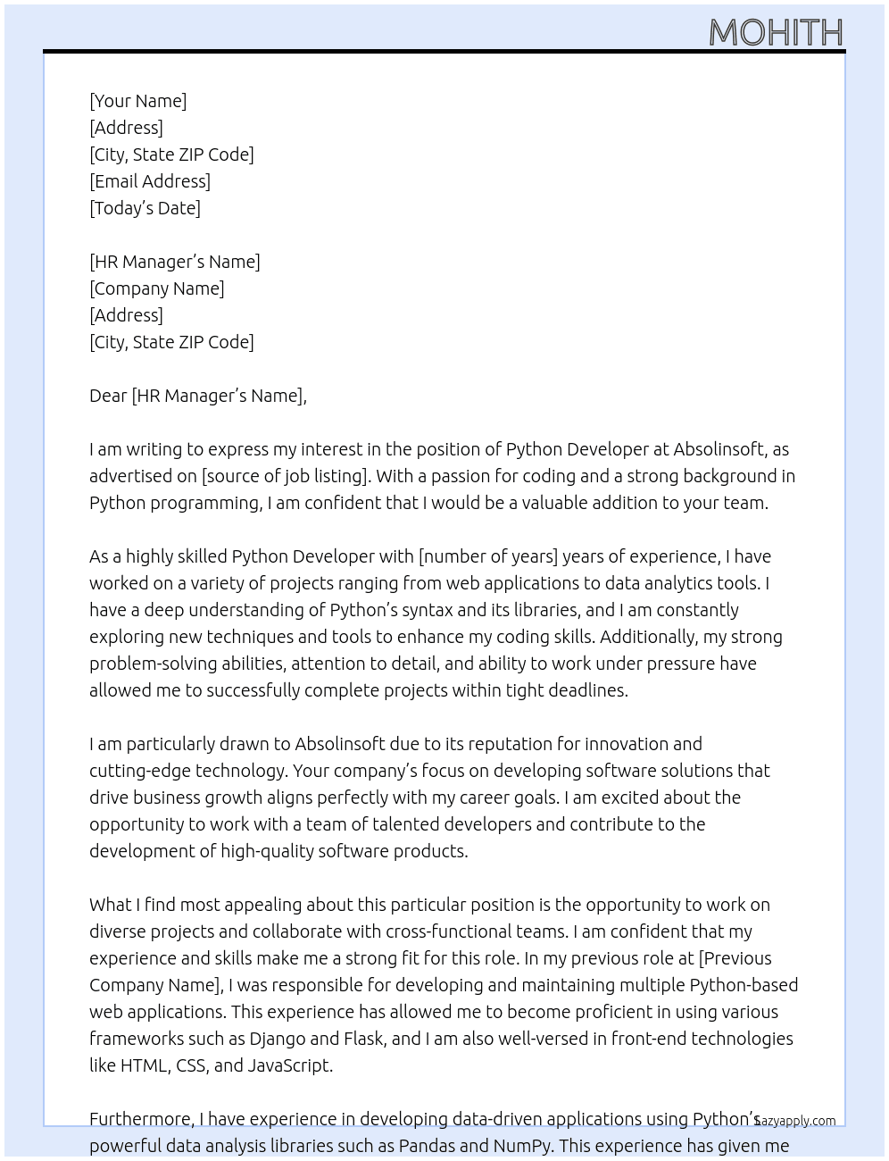 python developer At absolinsoft Cover Letter