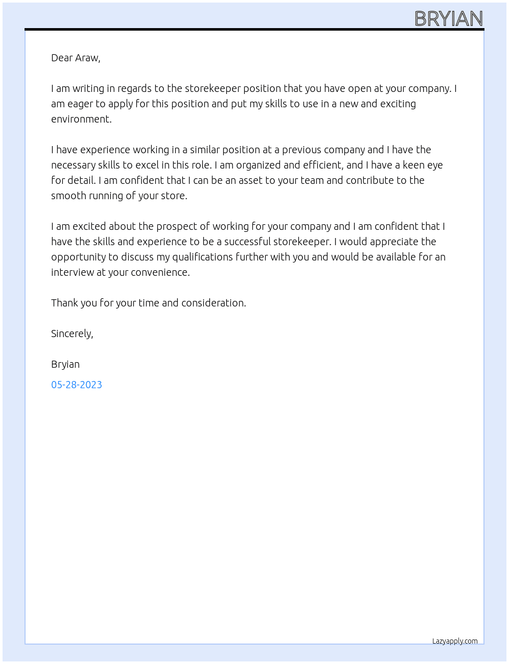 Storekeeper At Araw Cover Letter