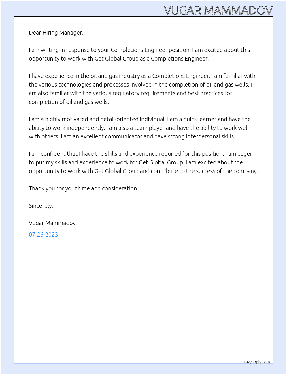 Completions Engineer At Get Global Group Cover Letter