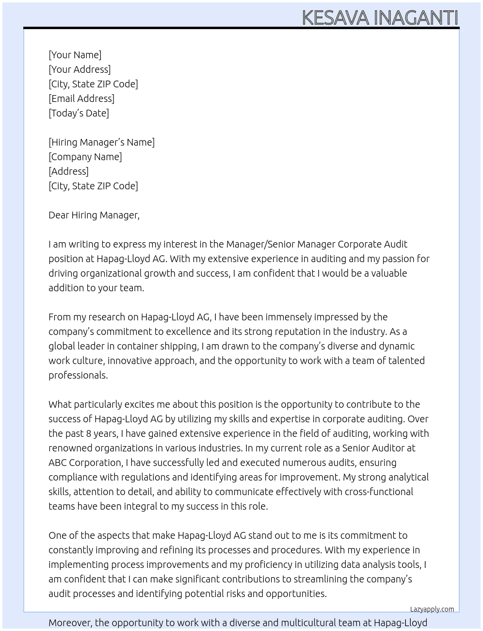 Manager / Senior Manager Corporate Audit At Hapag-Lloyd AG Cover Letter