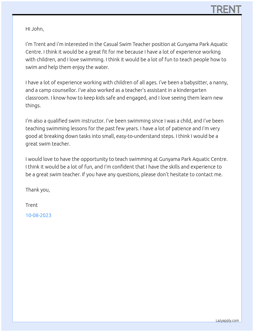 Casual Swim Teacher At Gunyama Park aquatic cnetre  Cover Letter