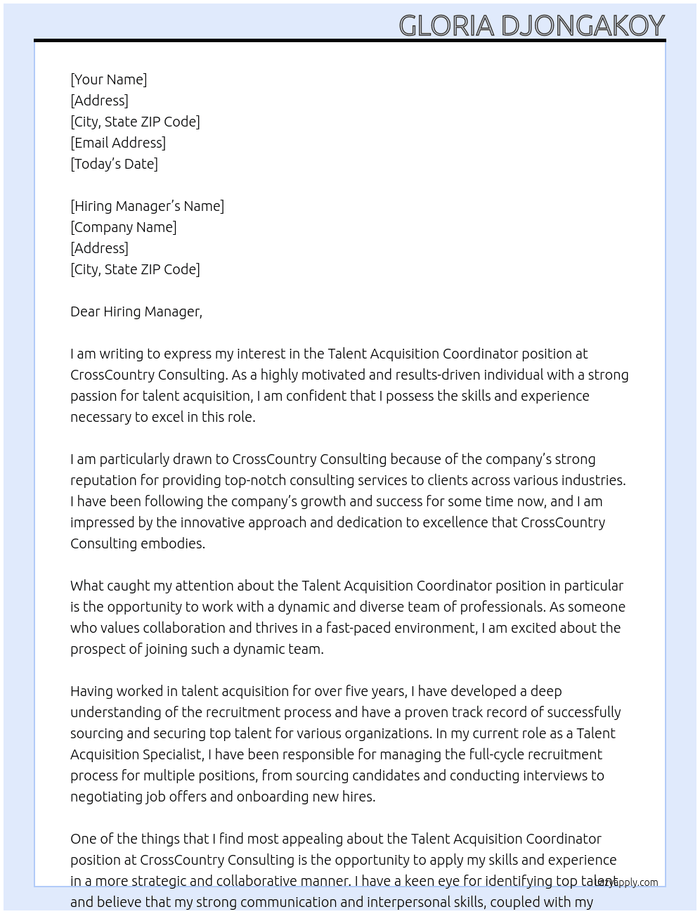 Talent Acquisition Coordinator At CrossCountry Consulting Cover Letter
