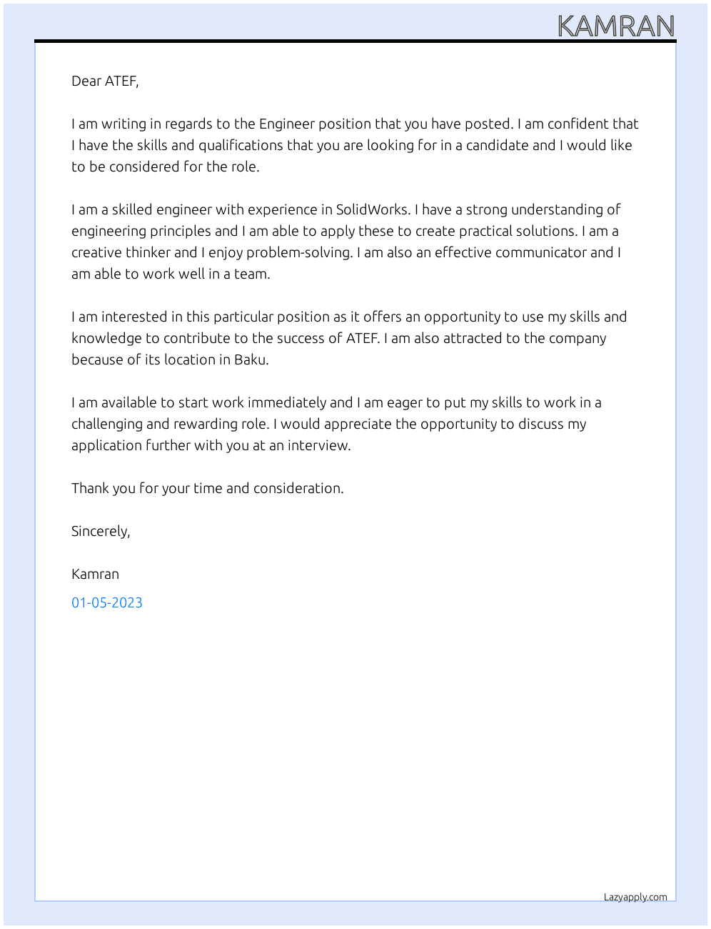 Engineer At ATEF Cover Letter