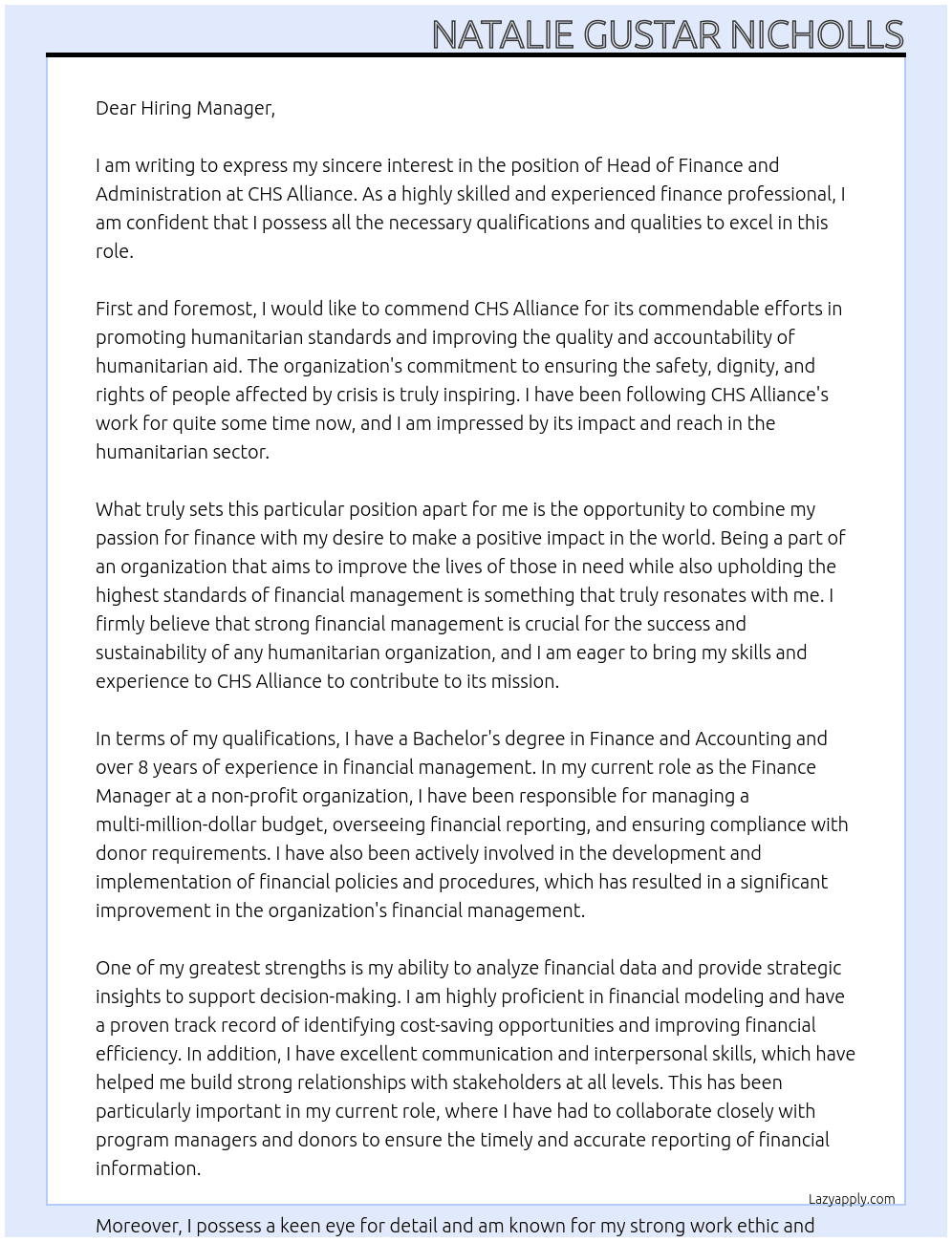 Head of Finance and Administration  At CHS Alliance Cover Letter