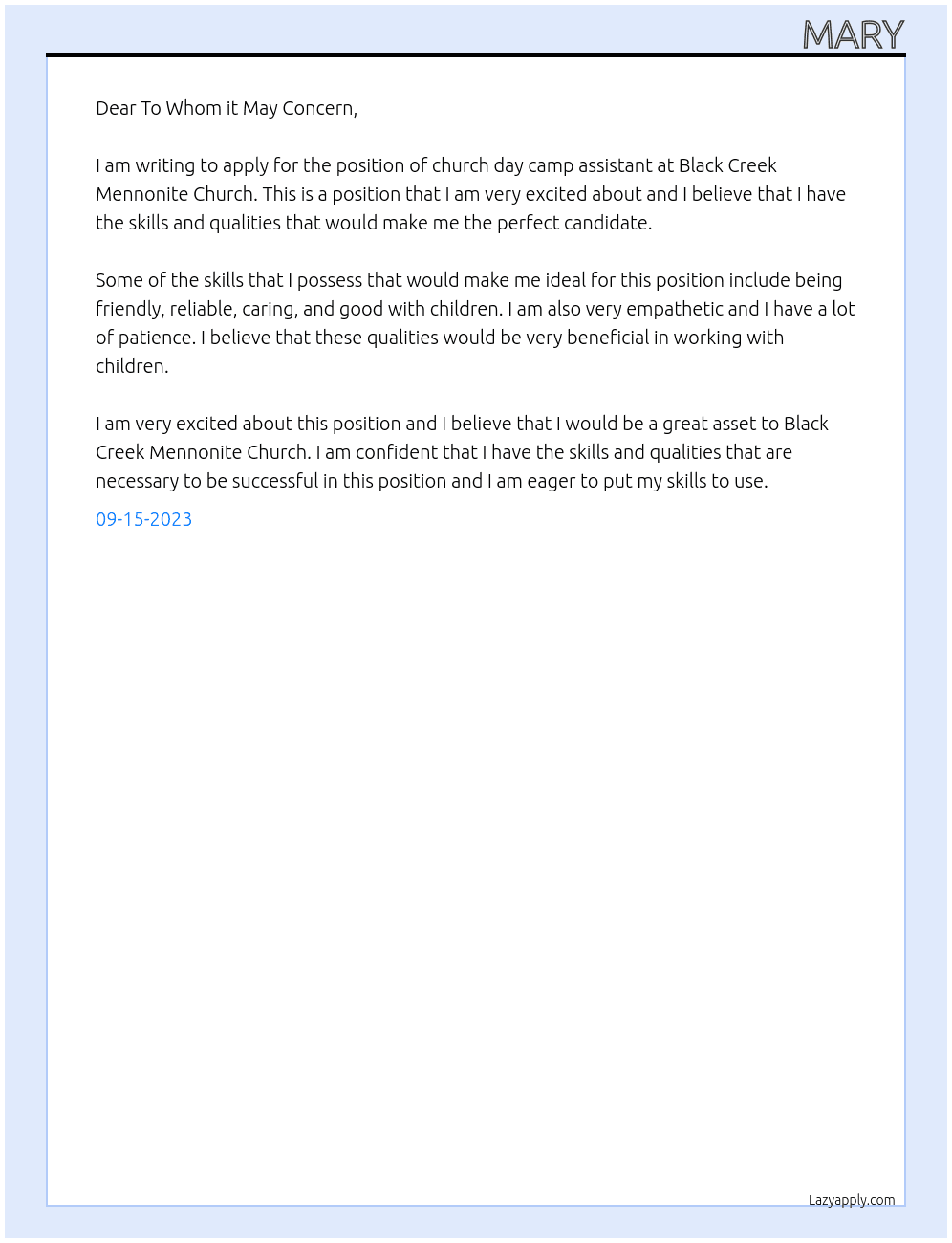 church day camp assistant At Black Creek Mennonite Church Cover Letter