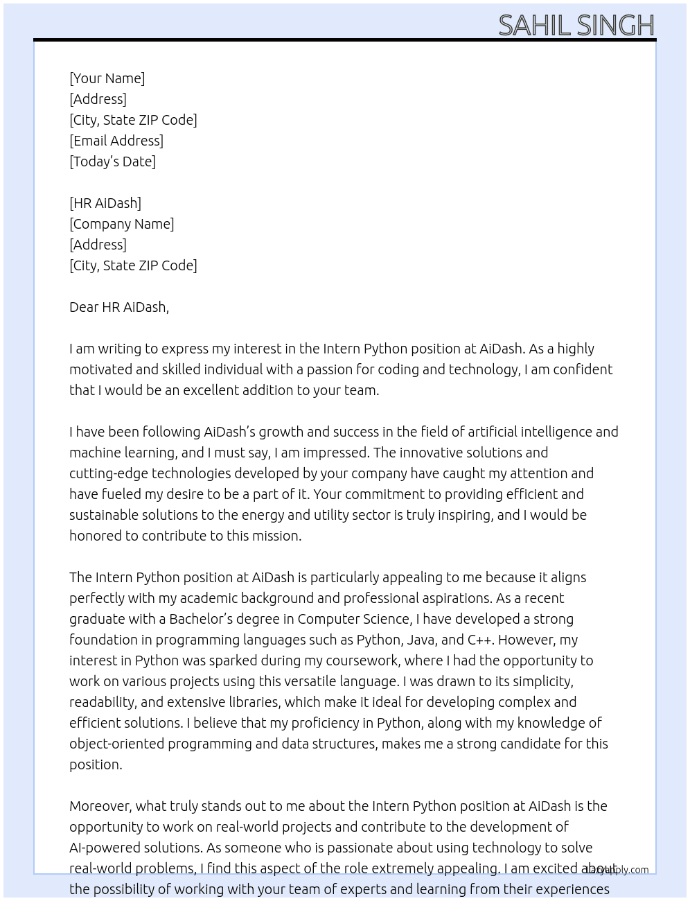 intern python At AiDash Cover Letter