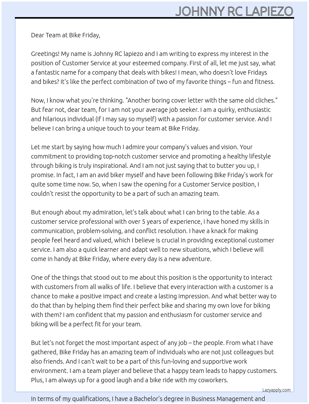 Customer service At Bike Friday Cover Letter