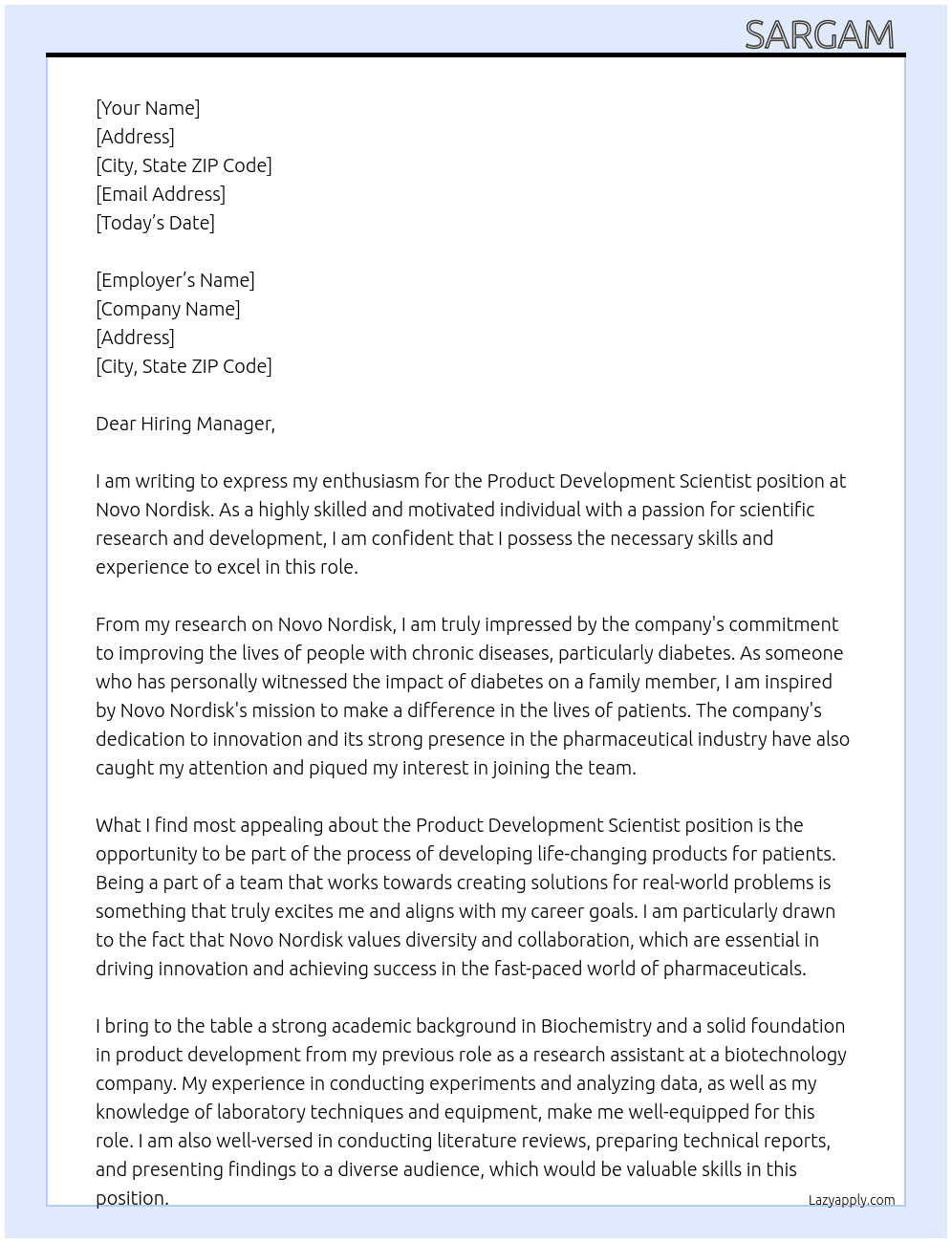 Product development scientist At Novo nodisk  Cover Letter