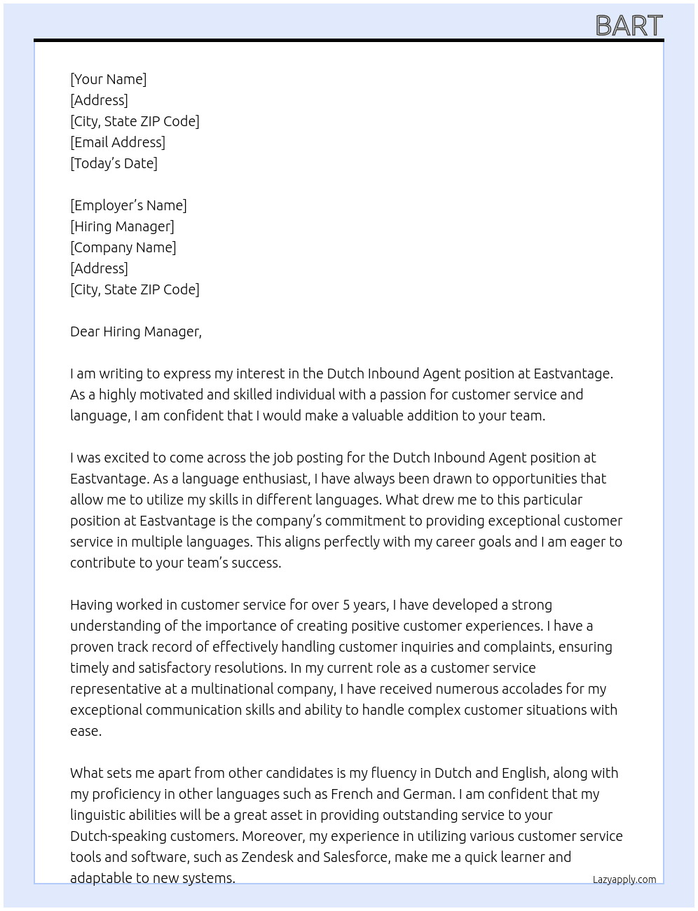 Cover letter for dutch inbound agent - LazyApply