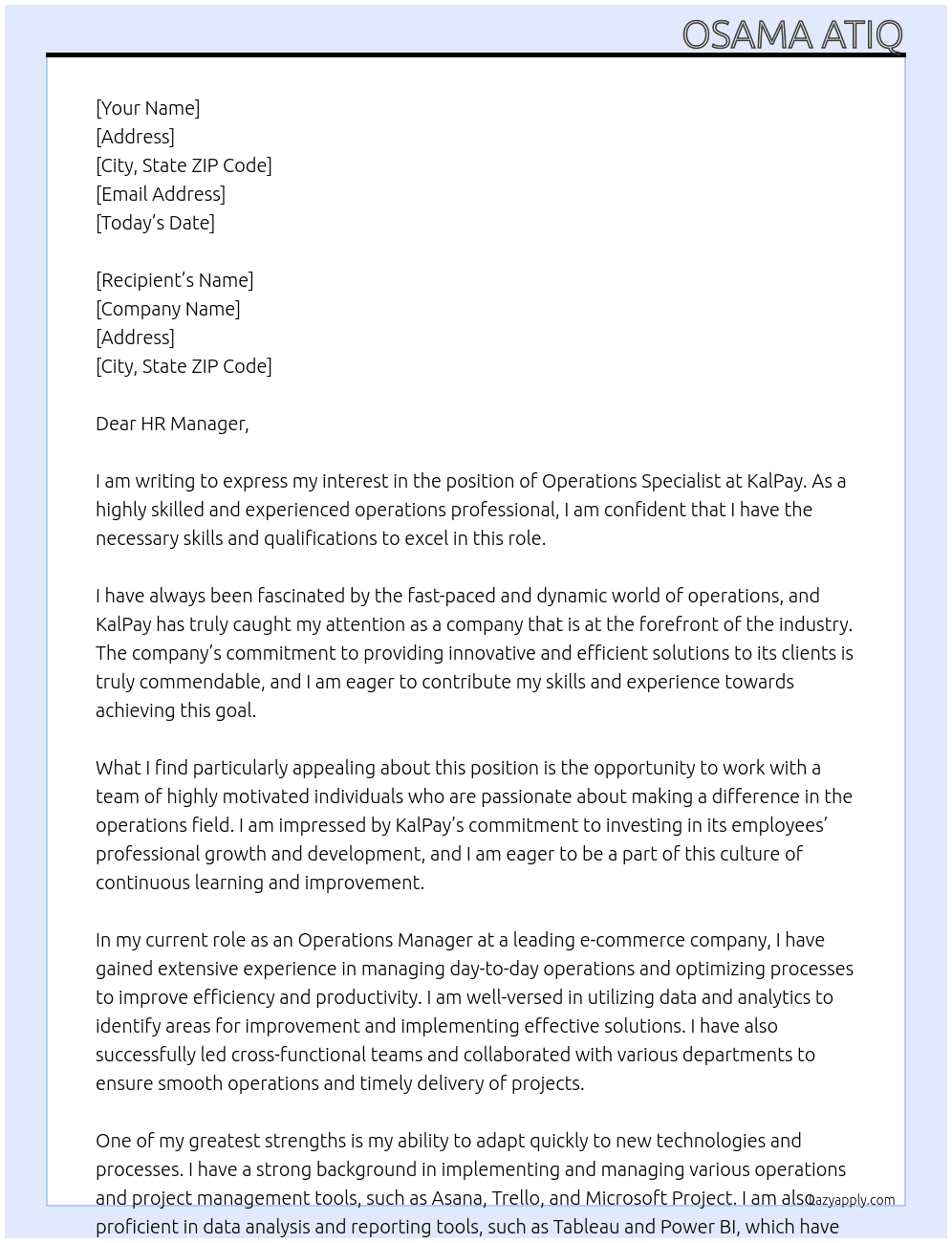 Operations Specialist At KalPay Cover Letter