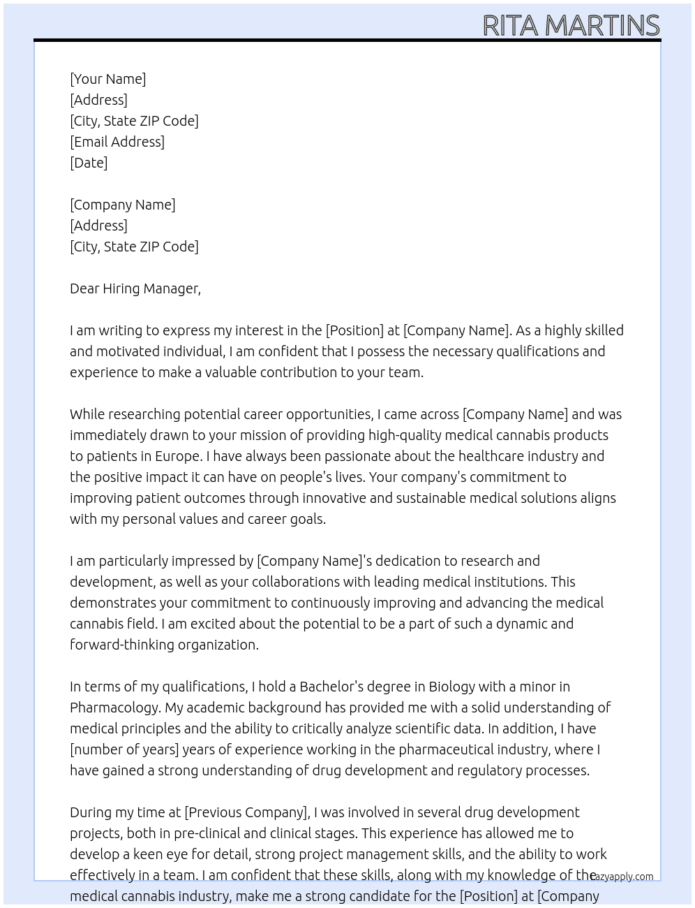 unsolicited application At tilray medical europe Cover Letter