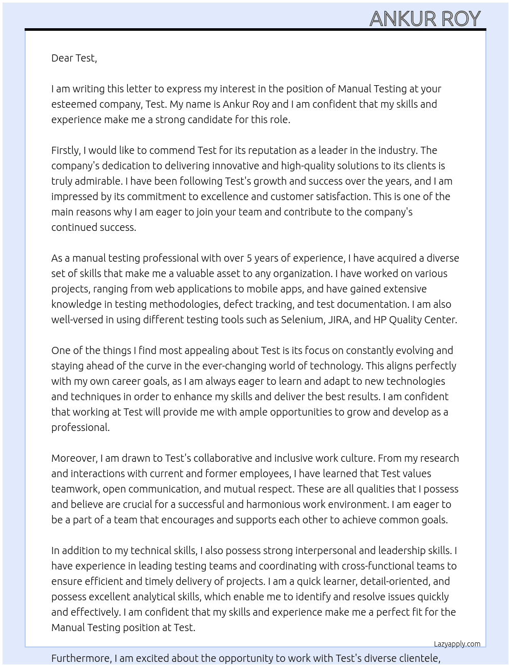 Manual testing  At Test Cover Letter