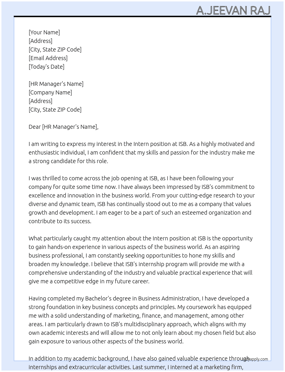 Intern At ISB  Cover Letter