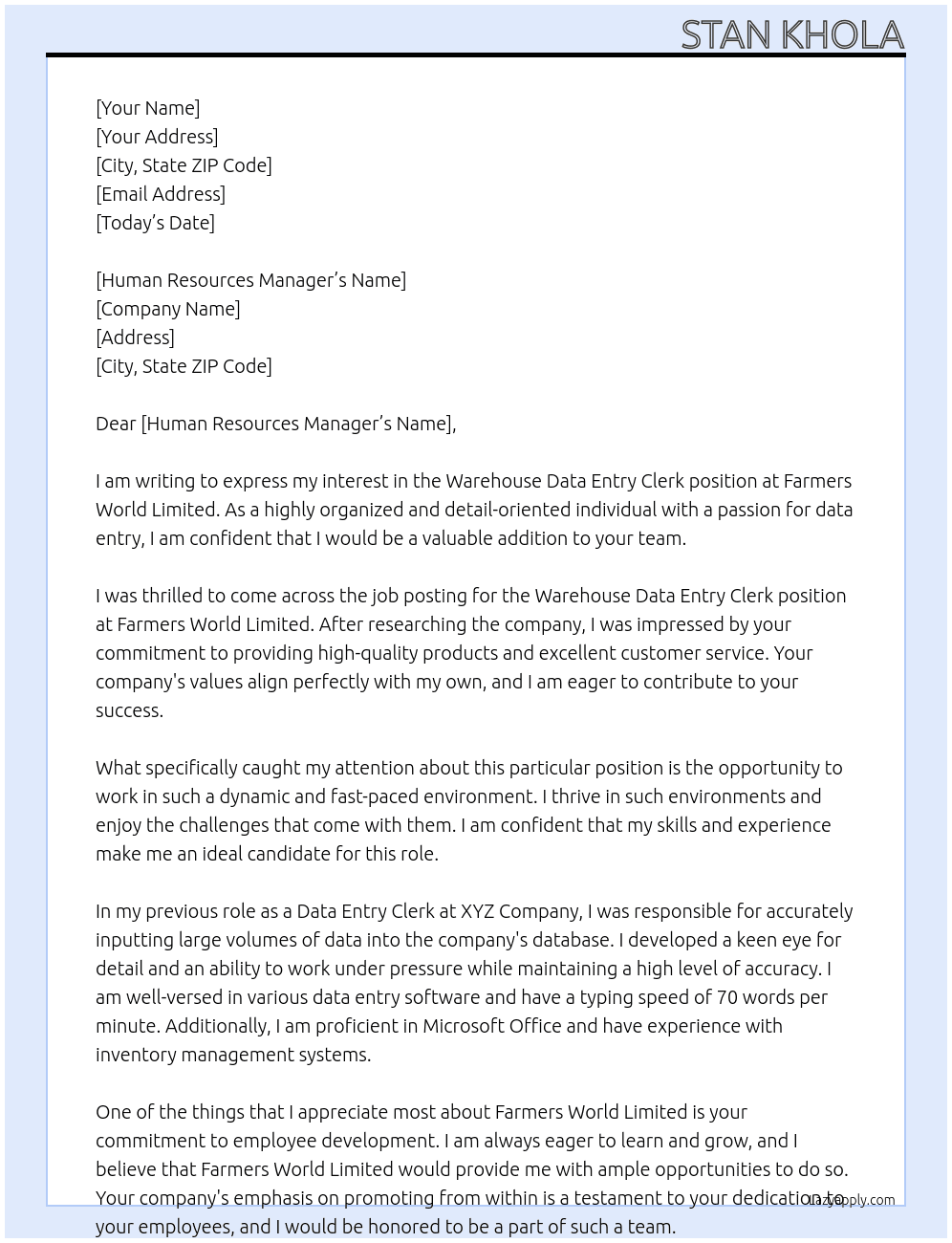 Warehouse Data Entry Clerk At Farmers World Limited Cover Letter