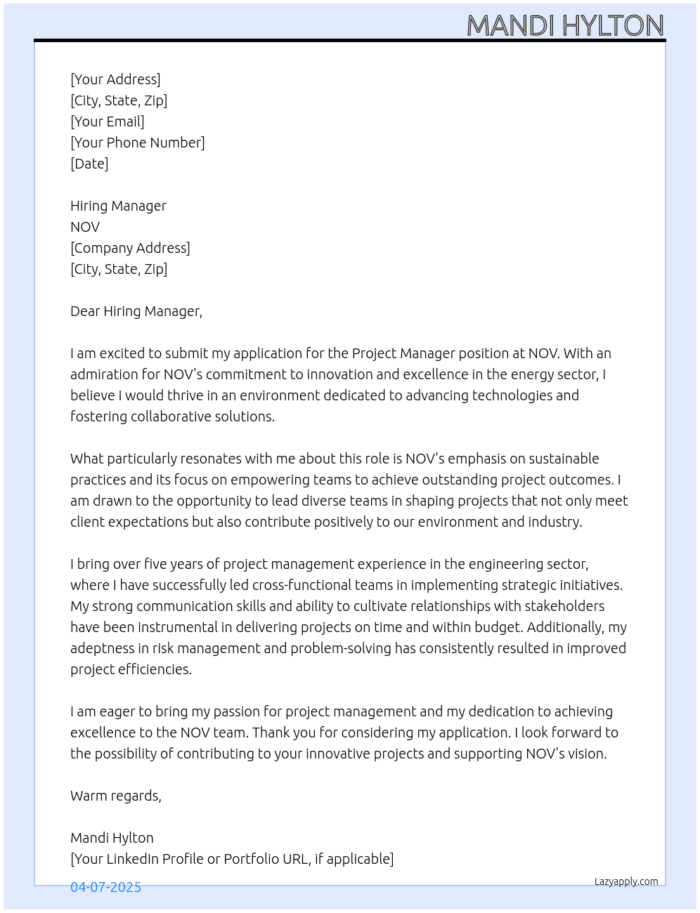 Project Manager At NOV Cover Letter
