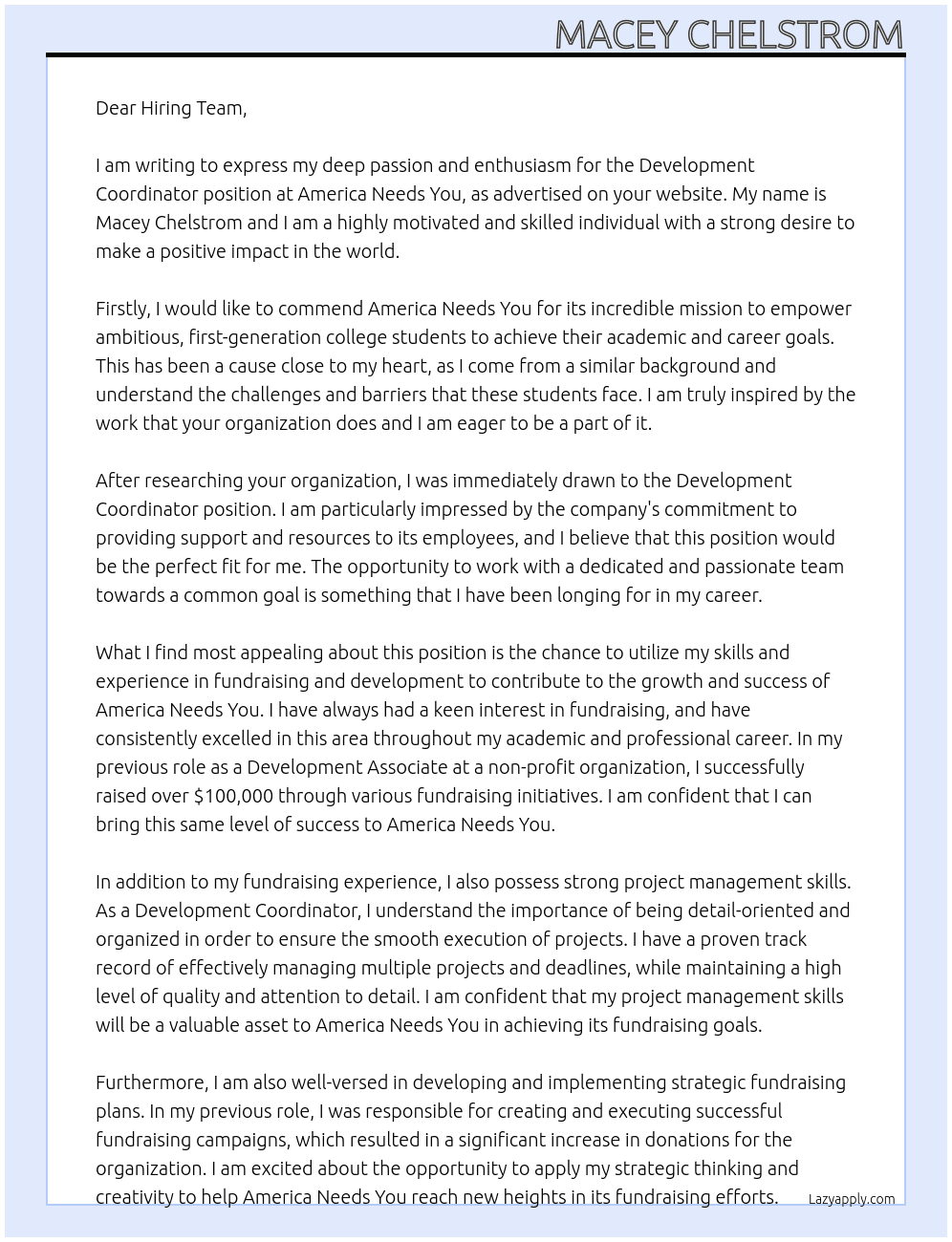 development coordinator At America Needs You Cover Letter