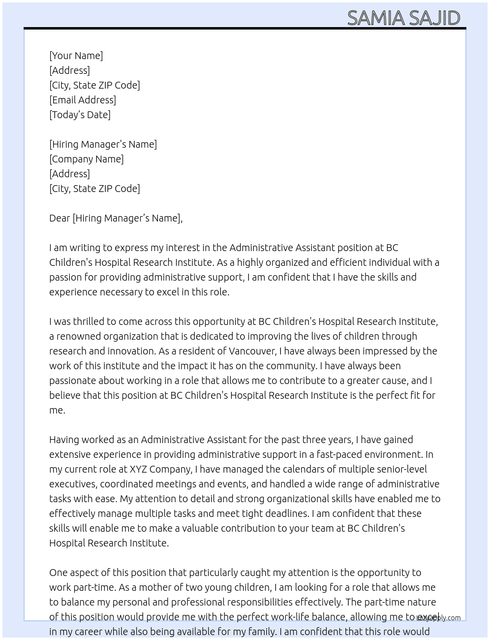 Administrative Assistant At BC Children's Hospital Research Institute Cover Letter